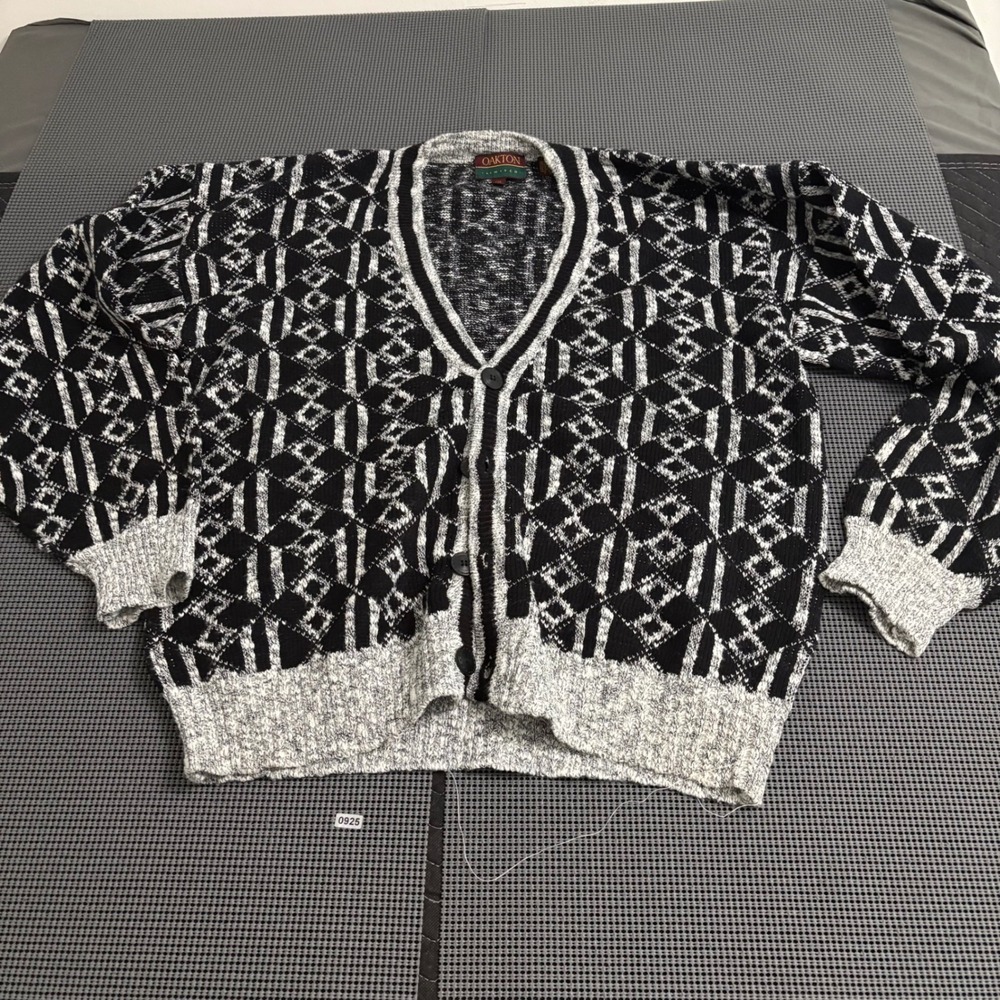 Oakton Limited 2XL Vintage Geometric Diamond Knit Cardigan Sweater Black White